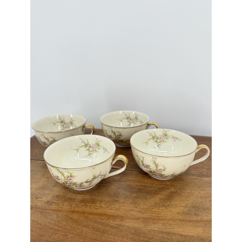 Theodore Haviland Rosalinde Teacups Set of 4 Pink Rose Floral Gold Trim Vintage